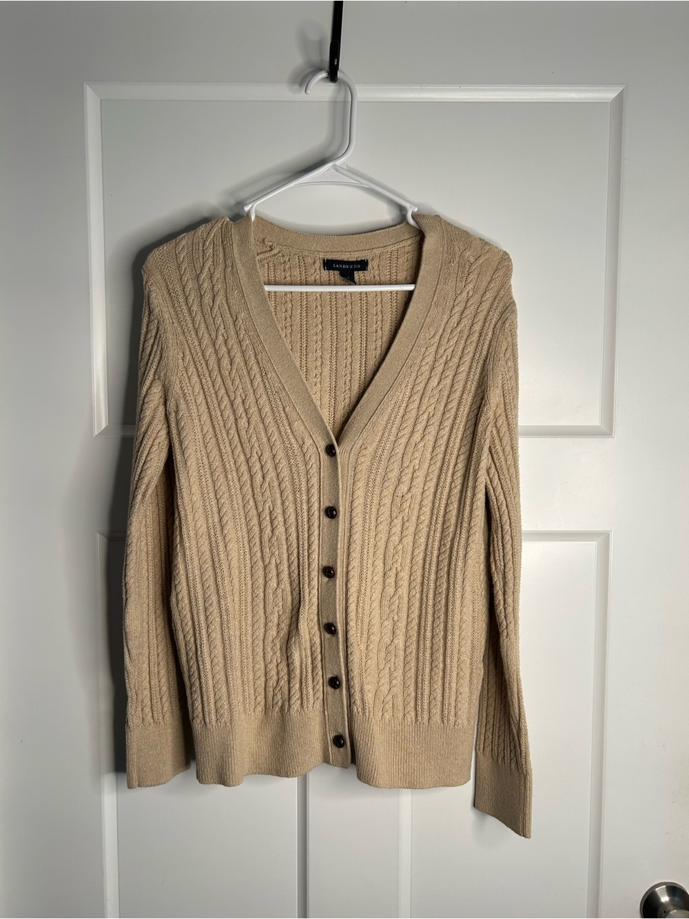 Lands End Women’s Medium Cable Knit Cardigan Wooden Buttons Tan Wool Blend 6028